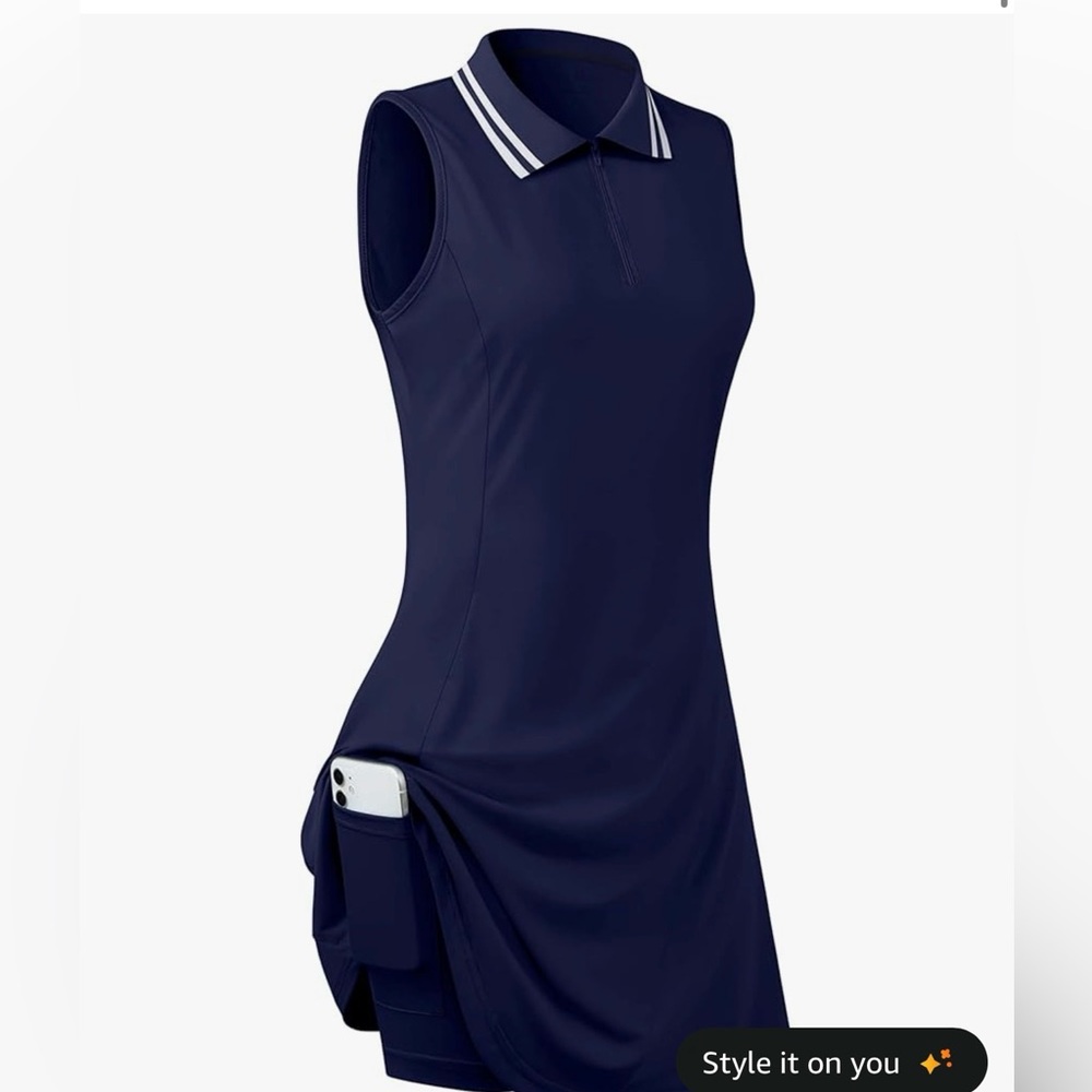 Amazon Navy Sleeveless Polo Dress with White Collar Stripes